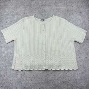 "Brand New" Made in USA Short Sleeve White Knit Cardigan Scalloped Hem Womens L